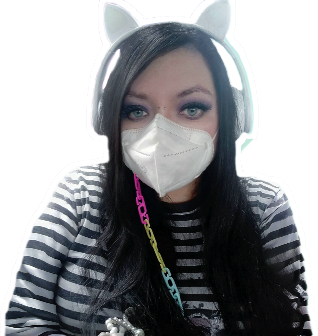 kathdollmeow, kath moonlight, d'von l'amour, cat headset, cat headphones, gamer girl. female vocalist, female singer, girl with black long hair pale skin light eyes, pastel goth